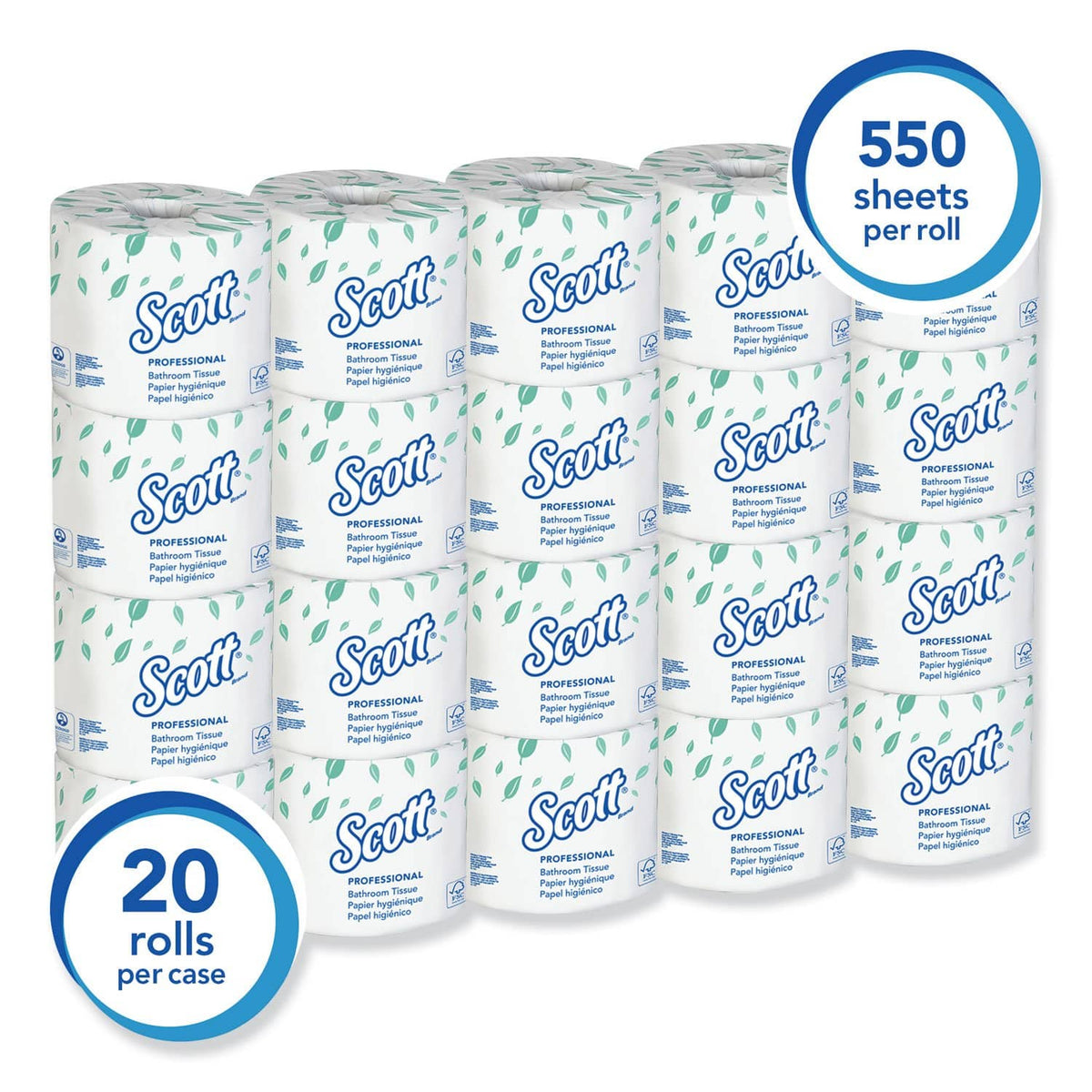 Scott Essential Standard Roll Bathroom Tissue, Traditional, Septic Safe, 2 Ply, White, 550 Sheets/Roll, 20 Rolls/Carton - KCC13607 - TotalRestroom.com
