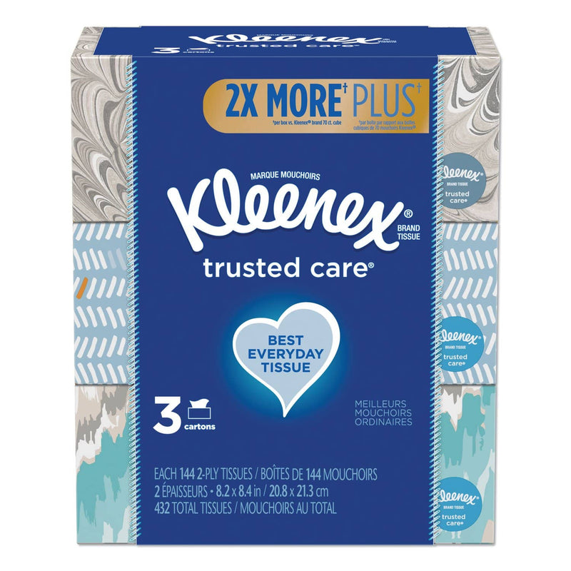 Kleenex Trusted Care Facial Tissue, 2-Ply, White, 144 Sheets/Box, 3 Boxes/Pack, 12 Packs/Carton - KCC50219 - TotalRestroom.com
