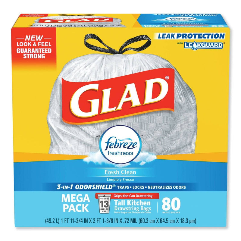 Glad Odorshield Tall Kitchen Drawstring Bags, 13 Gal, 0.95 Mil, 24" X 27.38", White, 80/Box - CLO78899BX - TotalRestroom.com