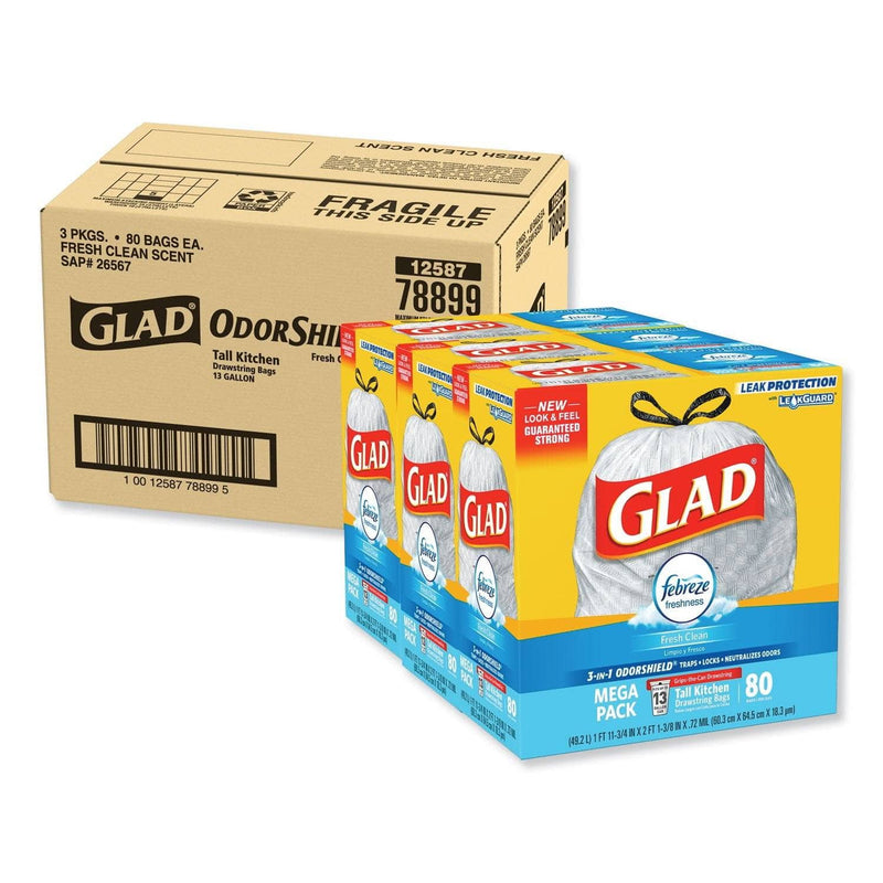 Glad OdorShield Tall Kitchen Drawstring Trash Bags, Febreze Fresh Clean