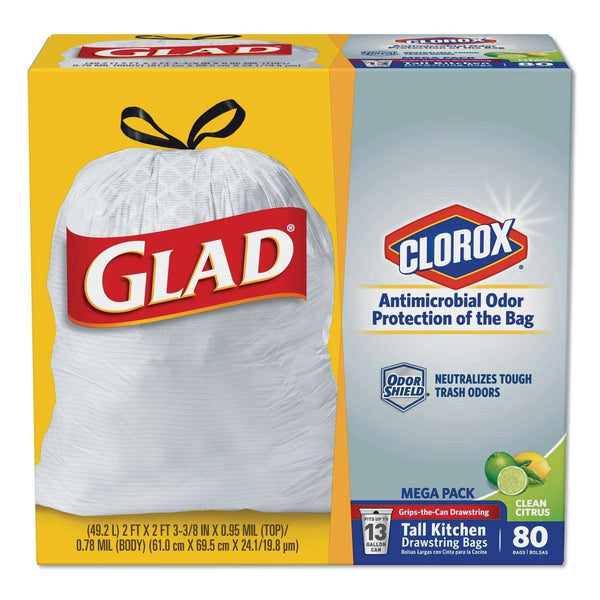 Glad OdorShield Tall Kitchen Drawstring Bags Fresh Clean 13 Gal White 80/Box
