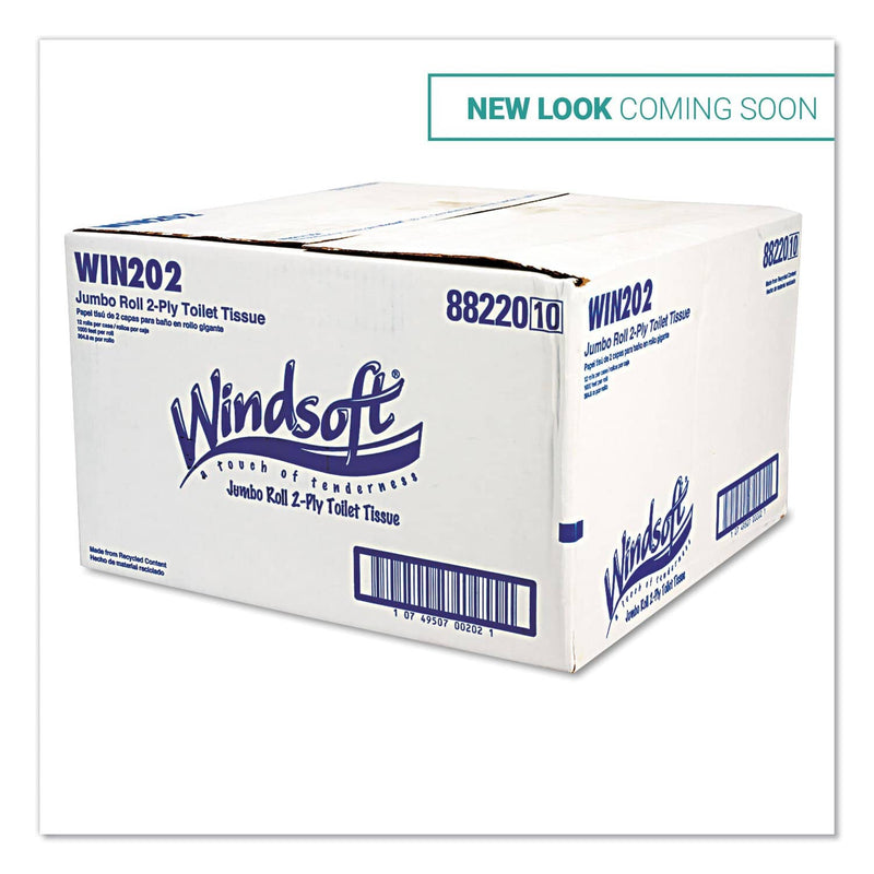 Windsoft Jumbo Roll Bath Tissue, Septic Safe, 2 Ply, White, 3.4" X 1000 Ft, 12 Rolls/Carton - WIN202 - TotalRestroom.com
