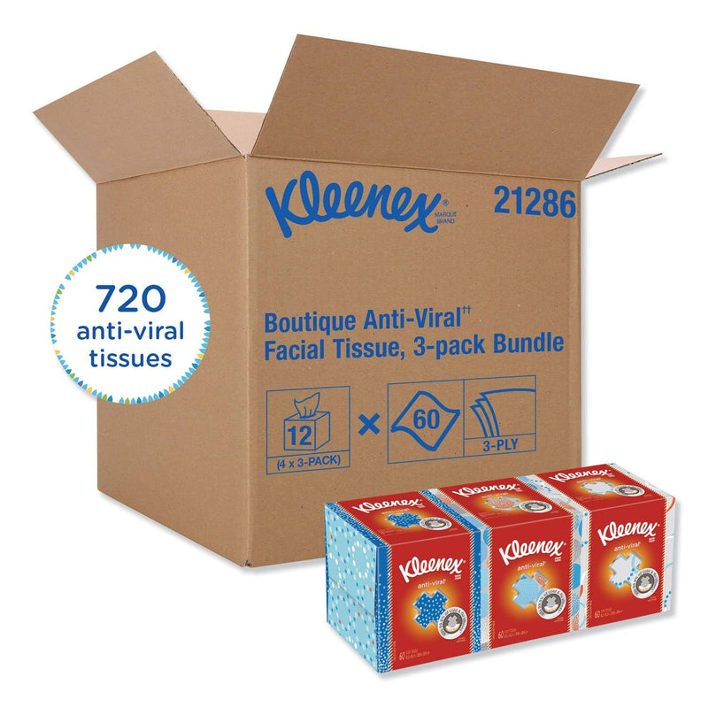 Kleenex Boutique Anti-Viral Facial Tissue, 3-Ply, White, Pop-Up Box, 60 Sheets/Box, 3 Boxes/Pack, 4 Packs/Carton - KCC21286CT - TotalRestroom.com