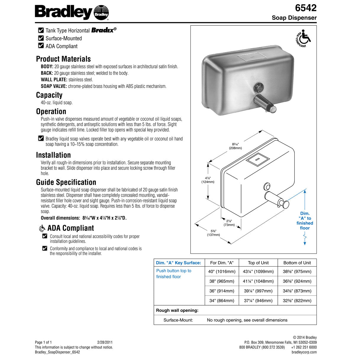 Bradley 6542 Commercial Liquid Soap Dispenser, Surface-Mounted, Manual-Push, Stainless Steel - 40 Oz