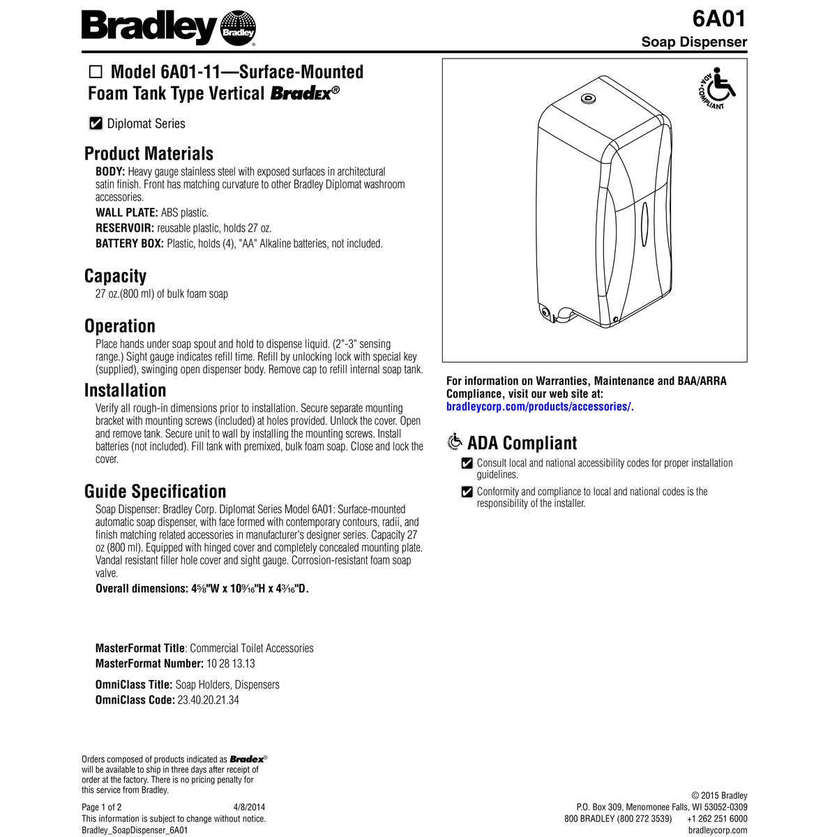 Bradley 6A01-11 Commercial Soap Dispenser, Surface-Mounted, Touch