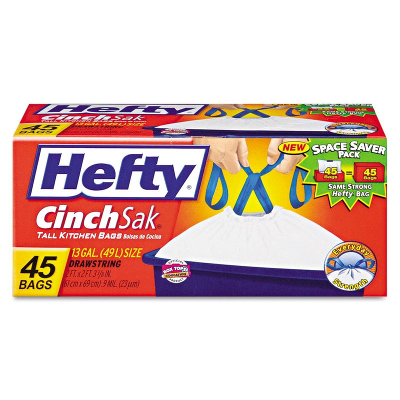 Hefty Cinch Sak Tall Kitchen And Trash Bags, 13 Gal, 0.9 Mil, 24" X 27.38", White, 45/Box - RFPE84572 - TotalRestroom.com