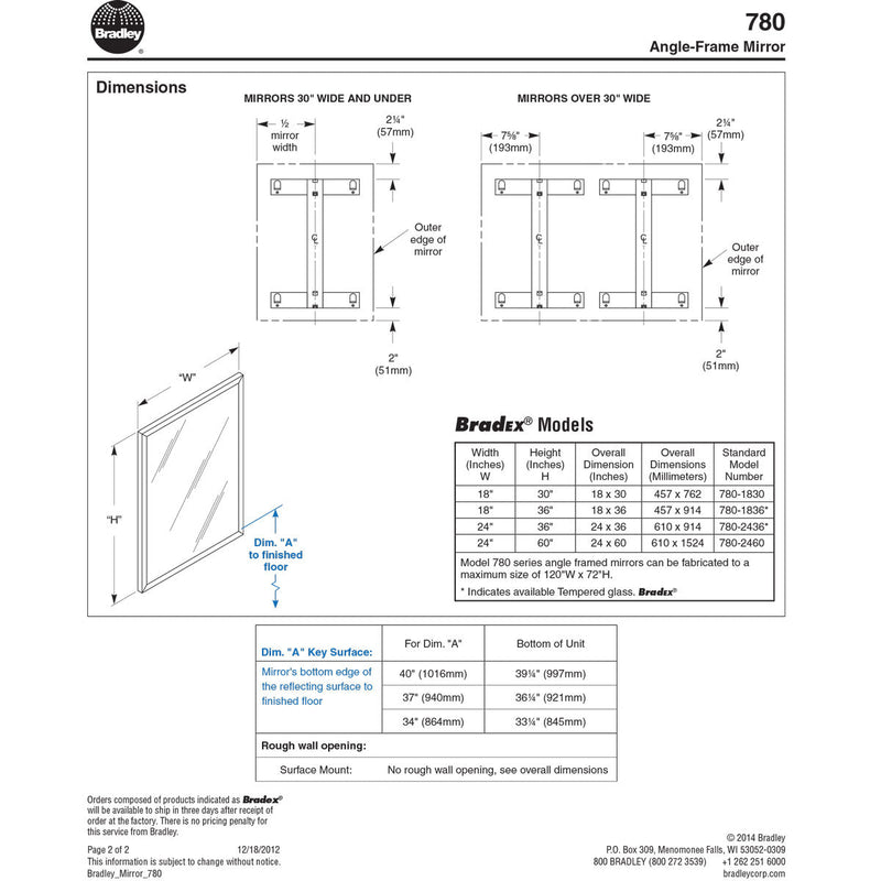 Bradley 780-024360 (24 x 36) Commercial Restroom Mirror, Angle Frame, 24" W x 36" H, Stainless Steel w/ Satin Finish