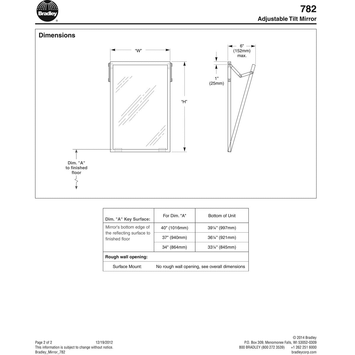 Bradley 782-016240 (16 x 24) Commercial Restroom Mirror, Tilt Frame, Stainless Steel w/ Satin Finish, 16"W x 24"H