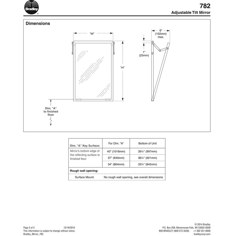 Bradley 782-024360 (24 x 36) Commercial Restroom Mirror, Tilt Frame, 24" W x 36" H, Stainless Steel w/ Satin Finish