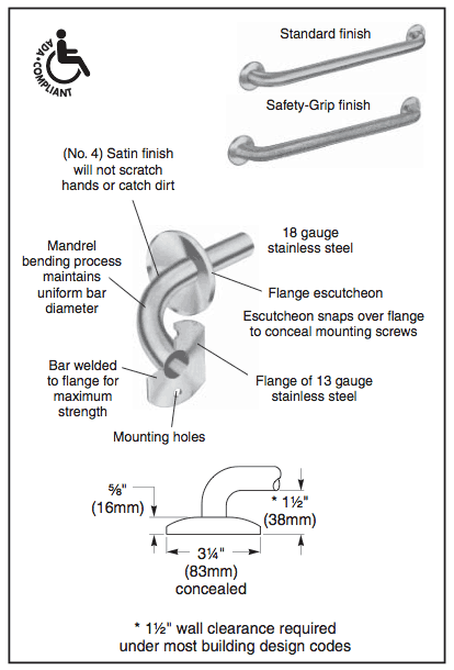 Bradley 8120-001360 Commercial Grab Bar, 1-1/2" Diameter x 36" Length, Stainless Steel - TotalRestroom.com