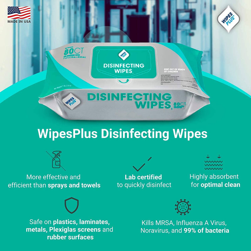 WipesPlus EPA Registered Disinfecting Surface Wipes, 80pk, 12 Packs/Case