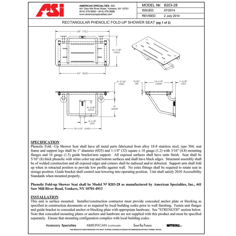 ASI 8203-28 Folding Shower Seat - Rectangular, ADA - Solid Phenolic, White - 28"W