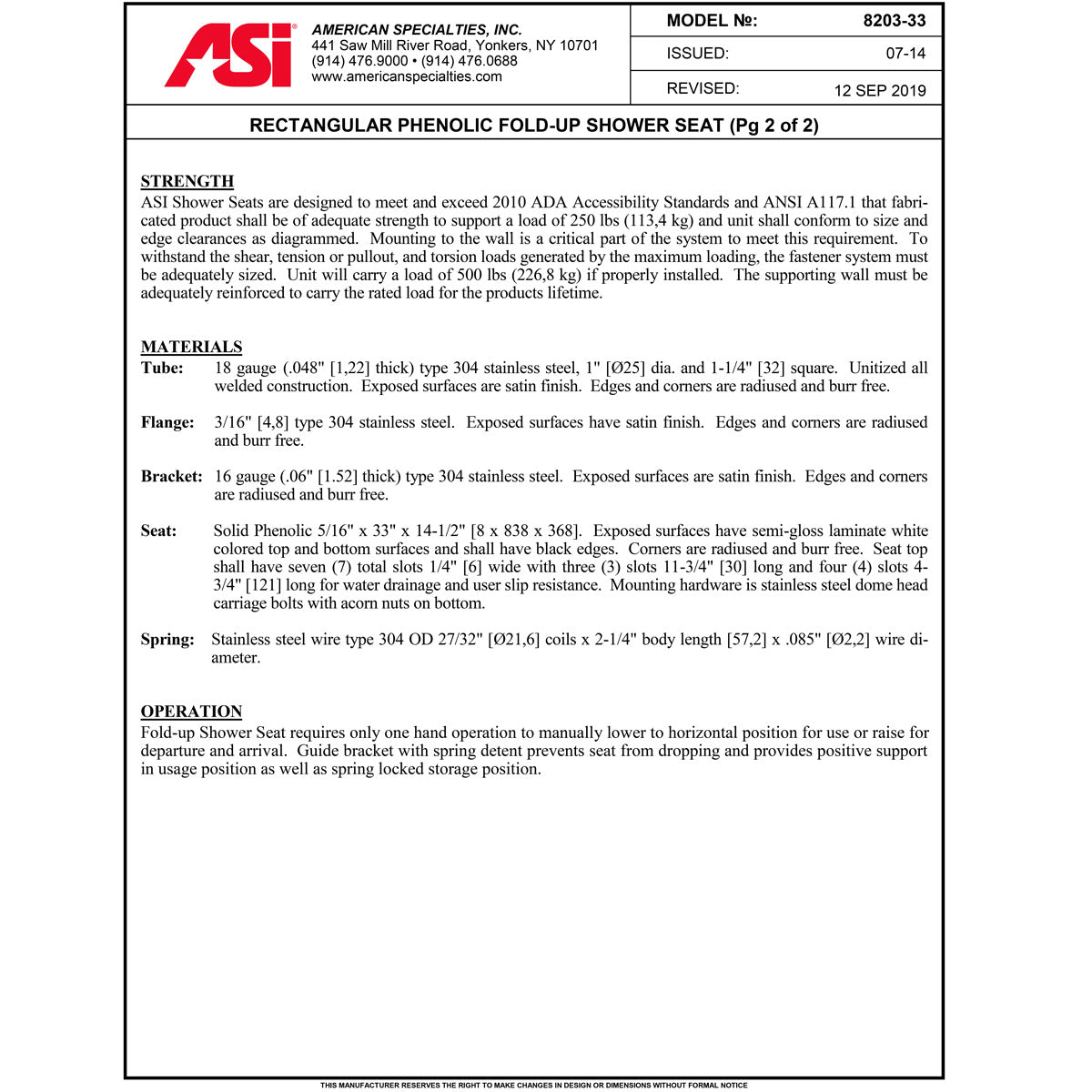 ASI 8203-33 Folding Shower Seat - Rectangular, ADA - Solid Phenolic, White - 33