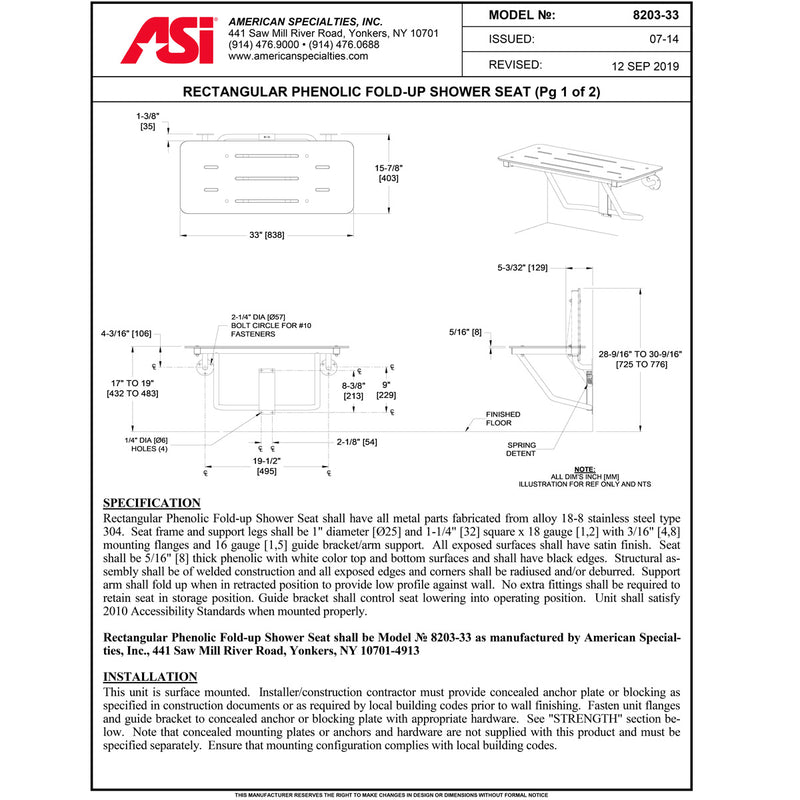ASI 8203-33 Folding Shower Seat - Rectangular, ADA - Solid Phenolic, White - 33"W