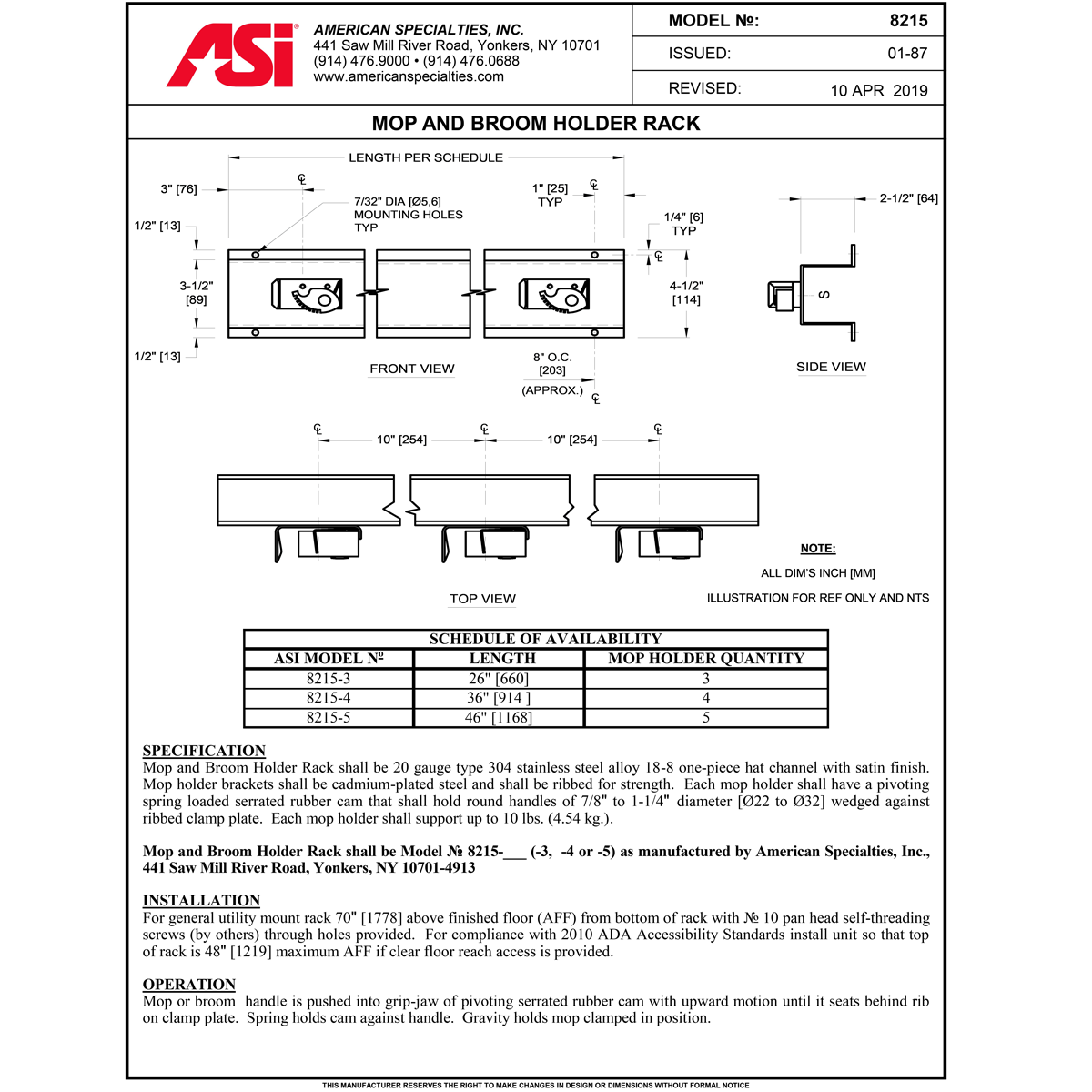 ASI 8215-3 Commercial 3 Mop Holder Rack, 26