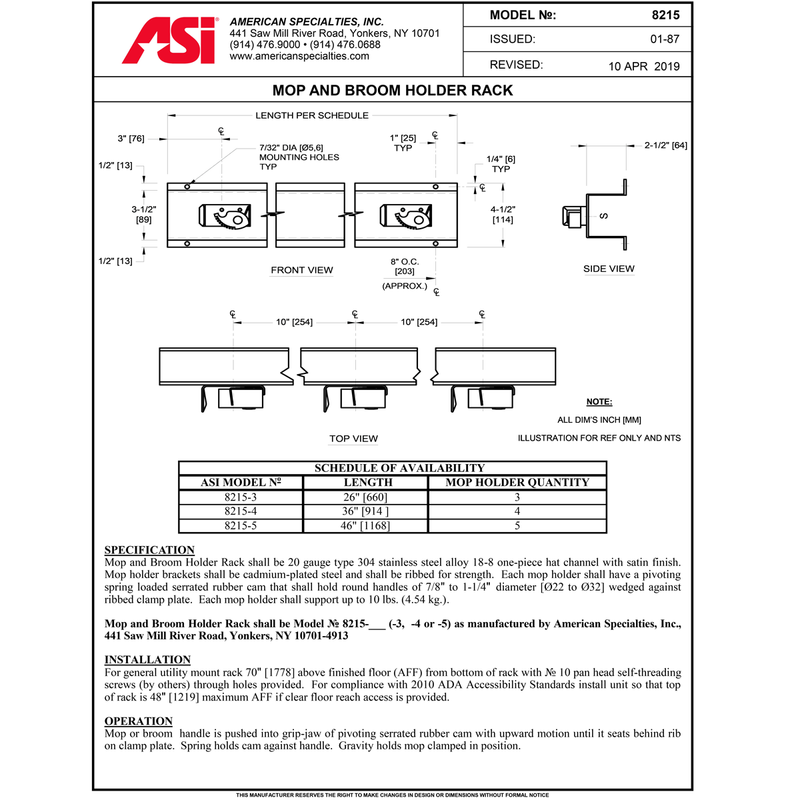 ASI 8215-5 Mop Rack - 5 Holders - 46"L - Surface Mounted