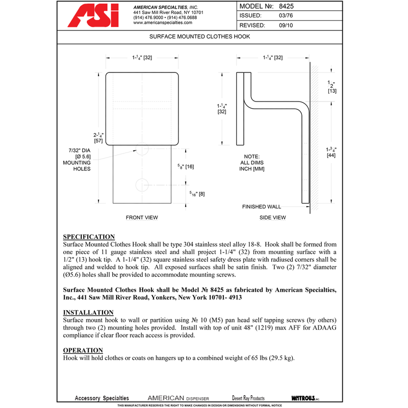 ASI 8425 Commercial Clothes Hook, Stainless Steel w/ Satin Finish