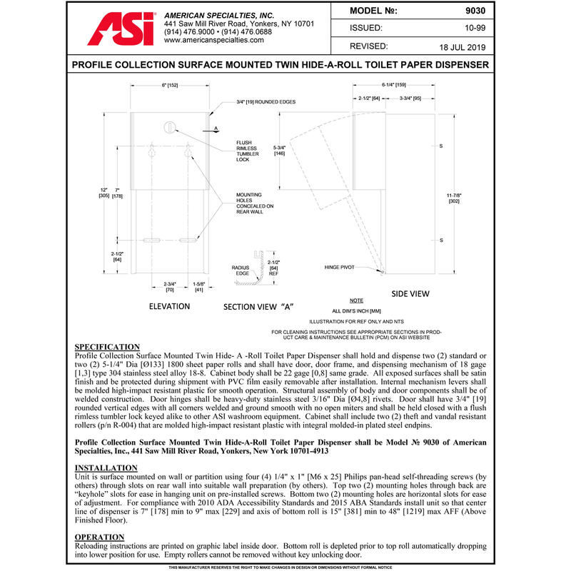 ASI 9030 Profile - Toilet Tissue Dispenser - Twin Hide-A-Roll - Surface Mounted