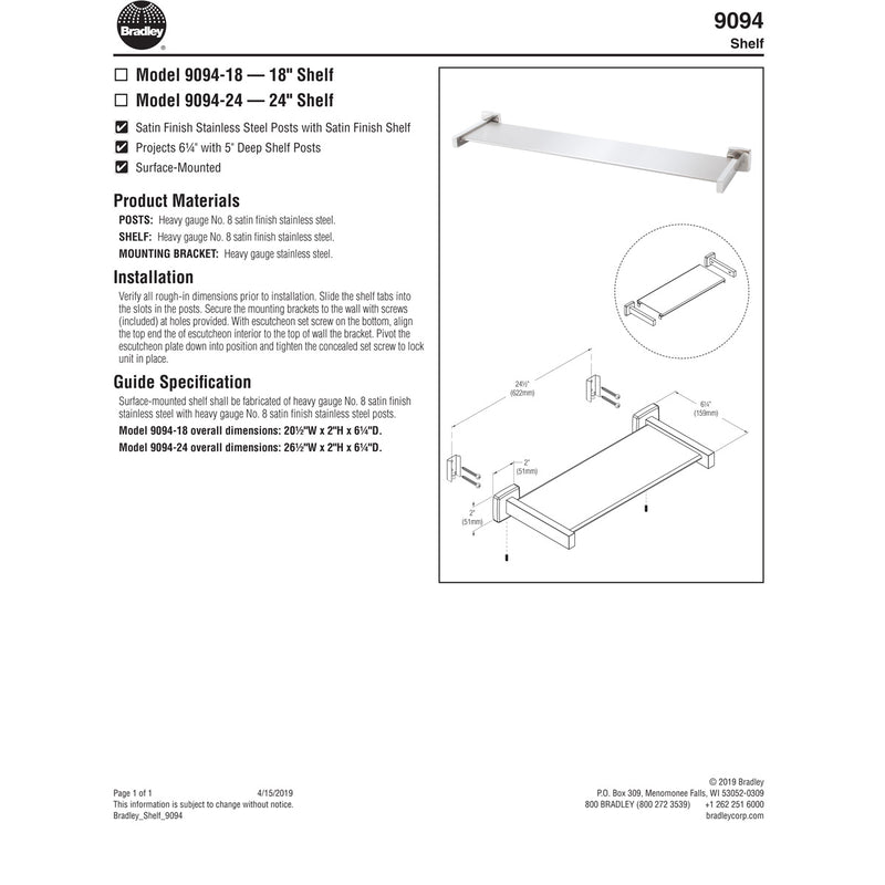 Bradley 9094-18 Shelf, 18" Width, Stainless Steel