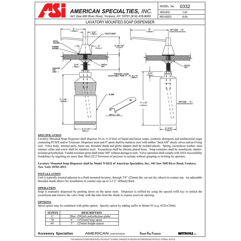 ASI 0332-C Commercial Liquid Soap Dispenser, Countertop Mounted, Manual-Push, Stainless Steel - 4" Spout Length