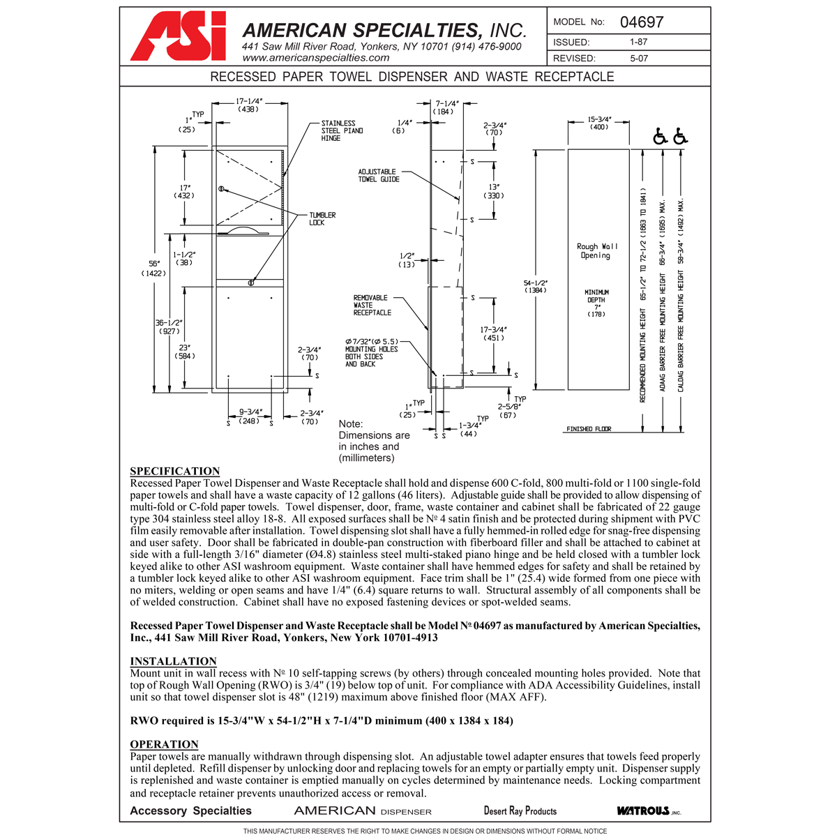ASI 04697 Combination Commercial Paper Towel Dispenser/Waste Receptacle, Recessed-Mounted, Stainless Steel