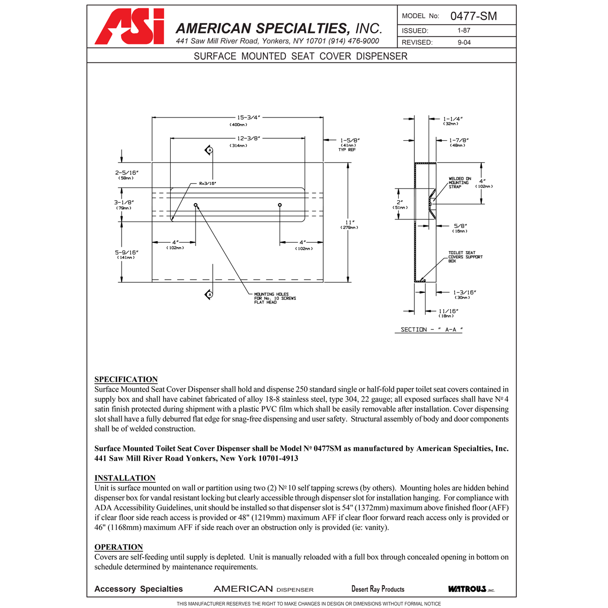 ASI 0477SM Commercial Toilet Seat Cover Dispenser, SurfaceMounted