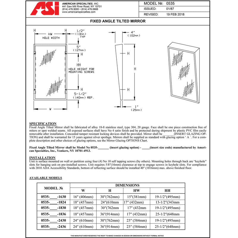 ASI 0535-2436 (24 x 36) Fixed Angle Tilted Mirror, 24"W x 36"H