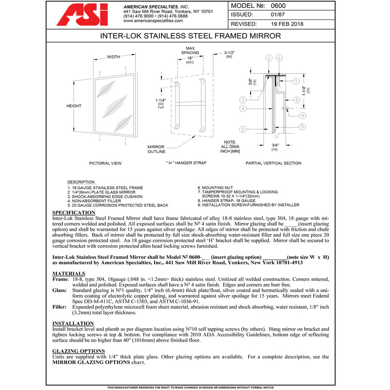 ASI 0600-2436-41 (24x36) INTLK MIRROR 24x36 PG - MATTE BLACK 24"W x 36"H