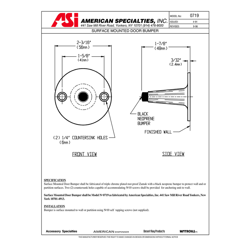 ASI 0719 Commercial Restroom Door Bumper, 2-3/16" Diameter, Surface-Mounted, Zamak w/ Chrome Finish