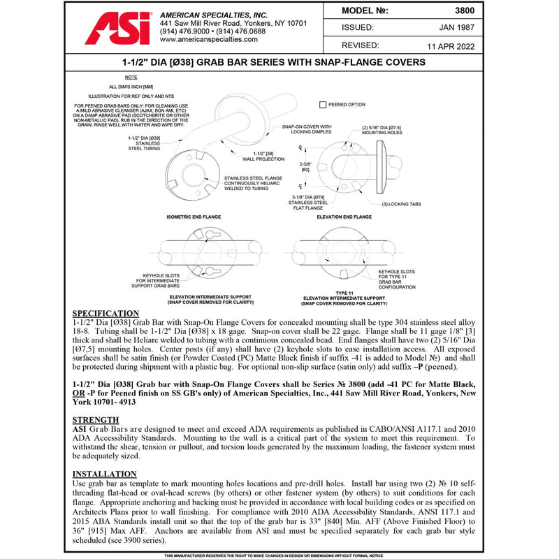 ASI 3801-18P  (18 x 1.5)  Commercial Grab Bar, 1-1/2" Diameter x 18" Length, Stainless Steel
