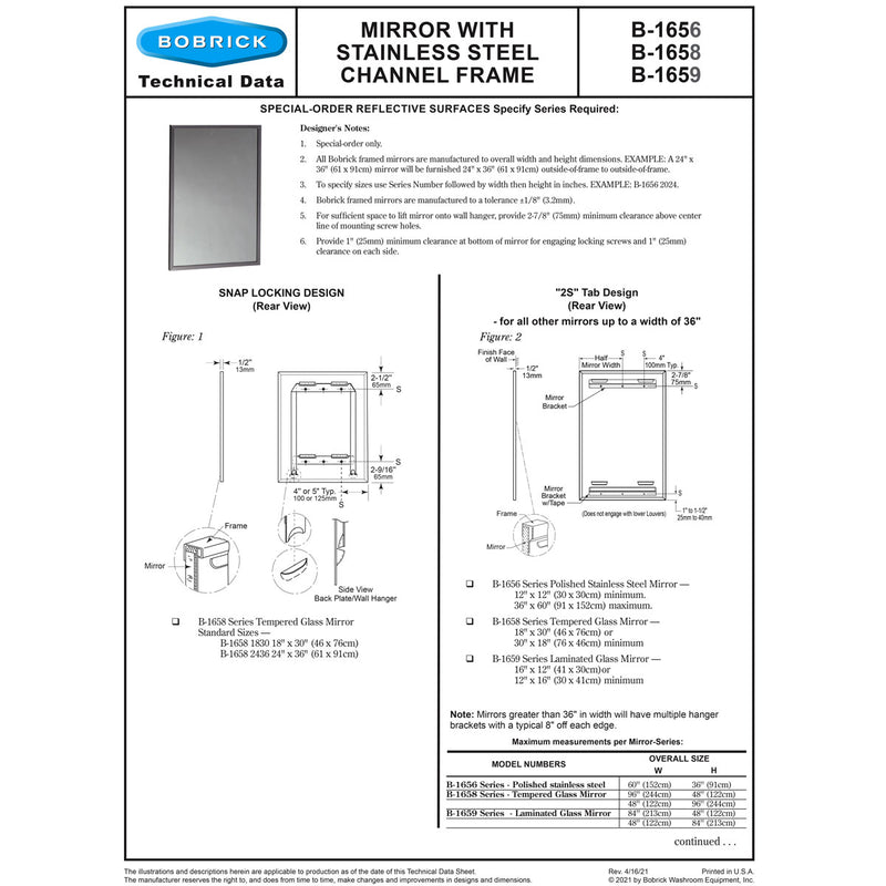 Bobrick B-1658-1830 (18 x 30) Tempered Glass Channel Frame Mirror 18" W x 30" H