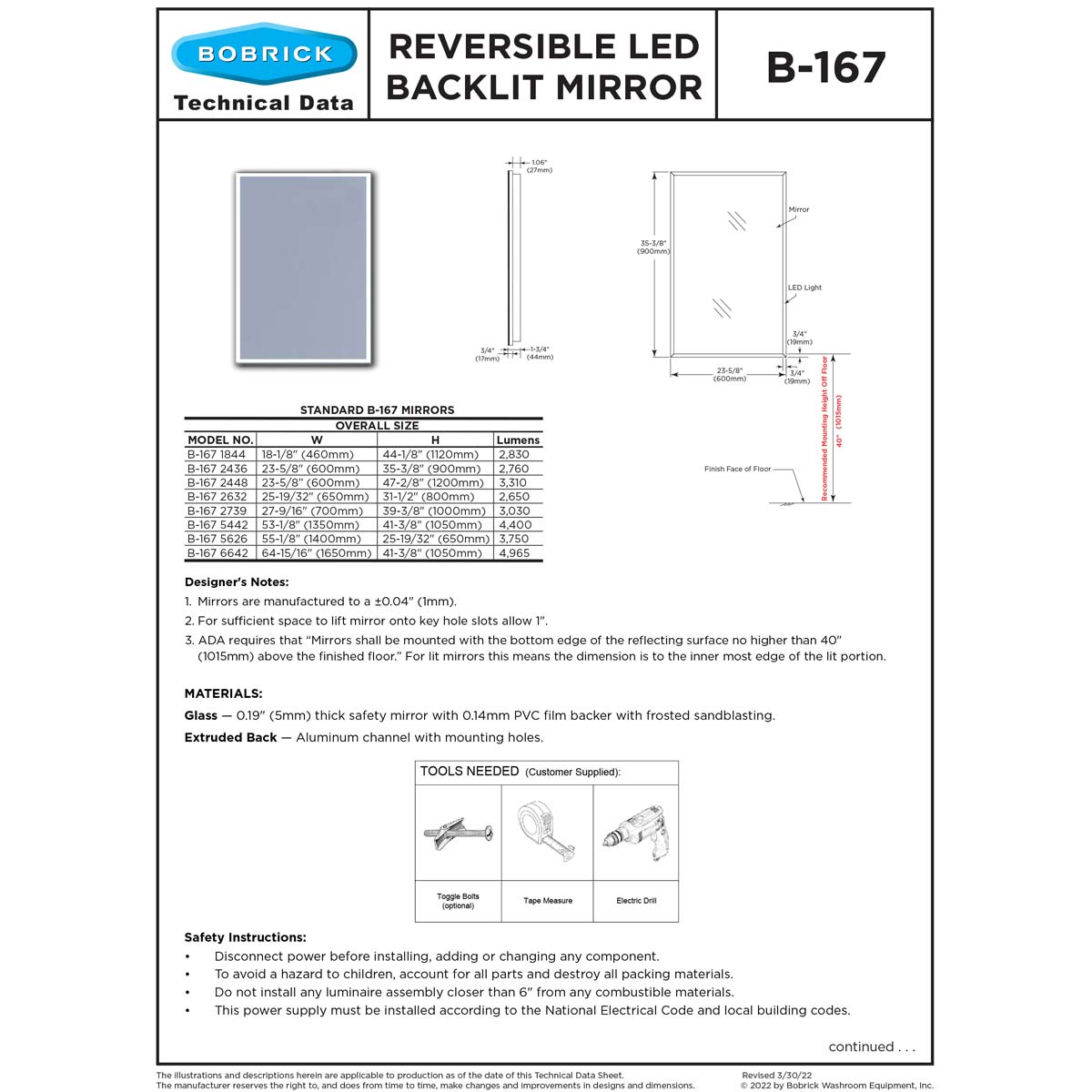 Bobrick B-167 6642 LED Backlit Mirror - EdgeLit 66x42