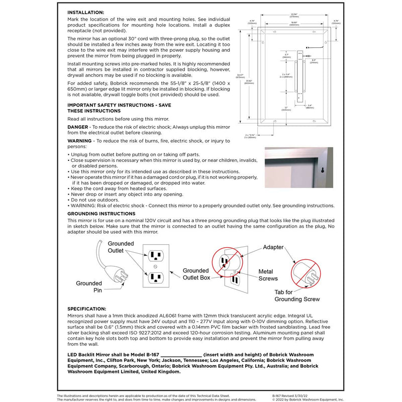 Bobrick B-167 2448 (24 x 48) LED Backlit Mirror - EdgeLit, 24"W x 48”H