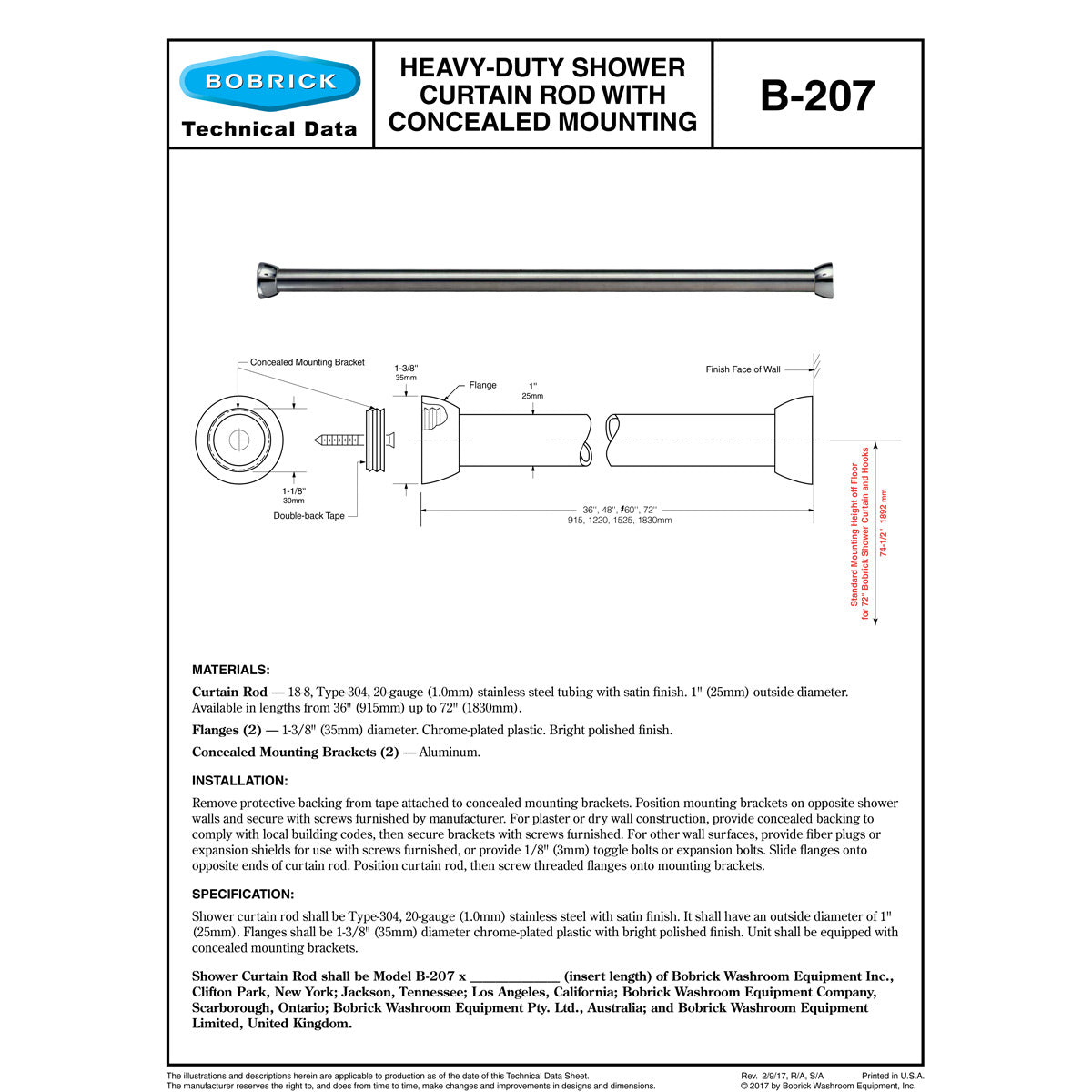 Bobrick B-207x36 Commercial Shower Curtain Rod, 36" Length, Stainless Steel