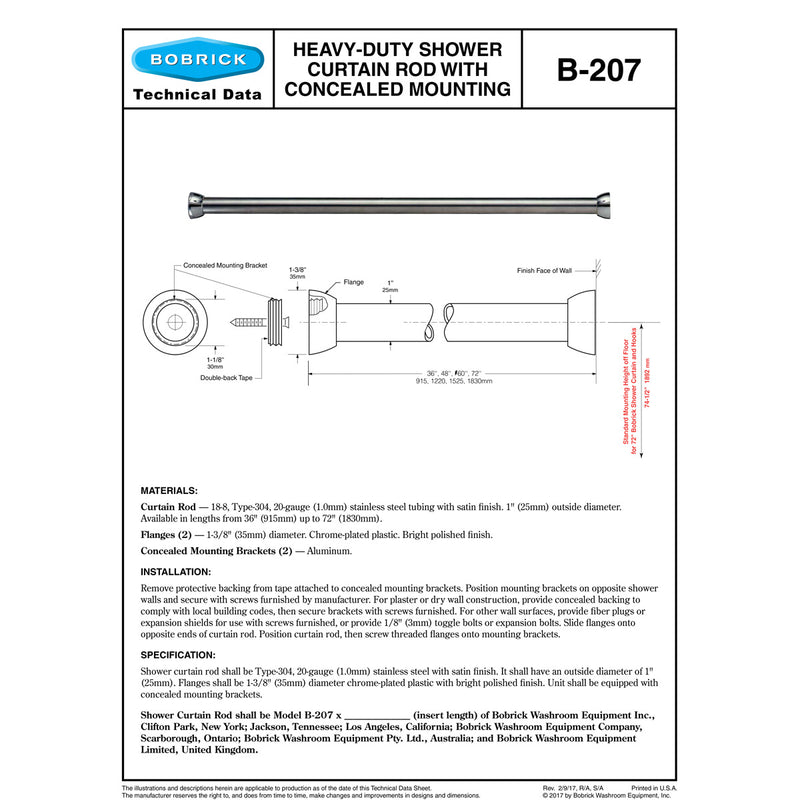 Bobrick B-207x60 Heavy-Duty Shower Curtain Rod, 60" Length, Stainless Steel