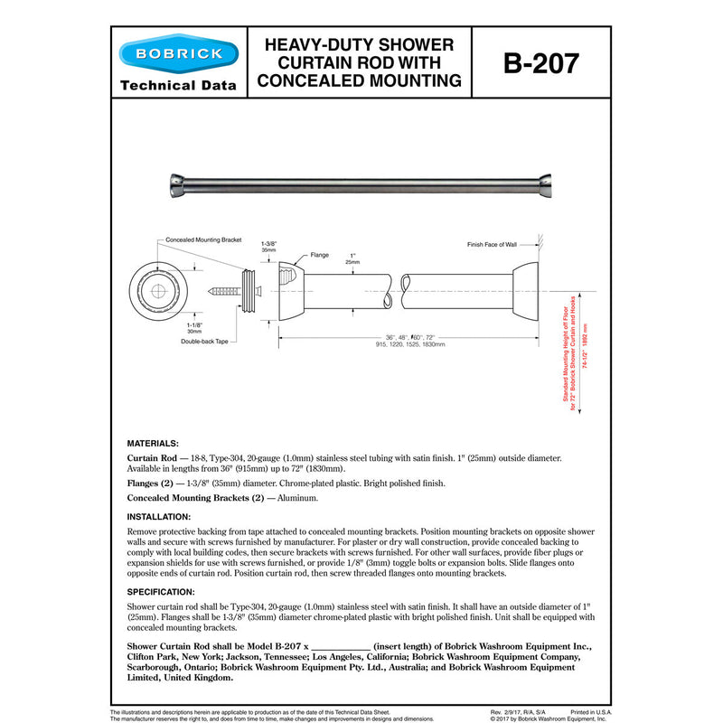 Bobrick B-207x72 Heavy-Duty Shower Curtain Rod, 72" Length, Stainless Steel