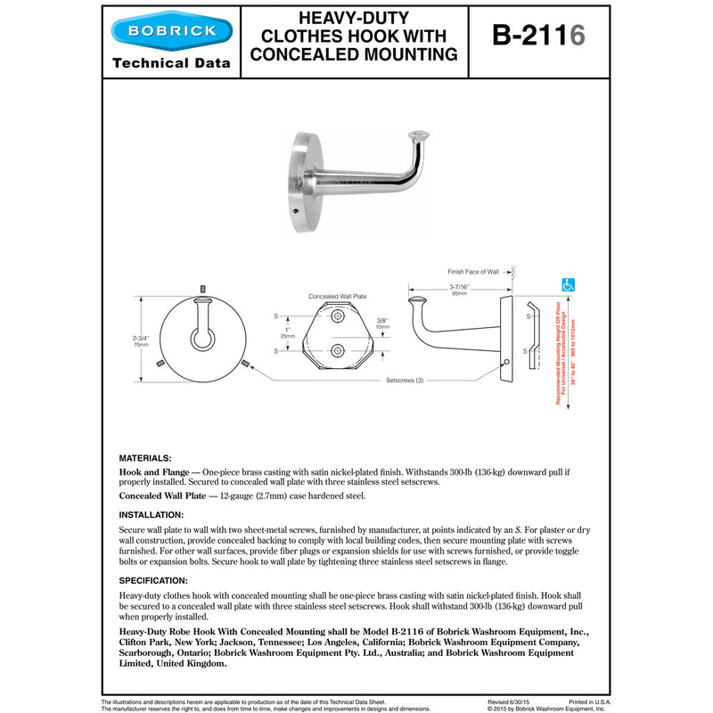 Bobrick B-2116 Commercial Clothes & Robe Hook, Bronze w/ Satin Finish