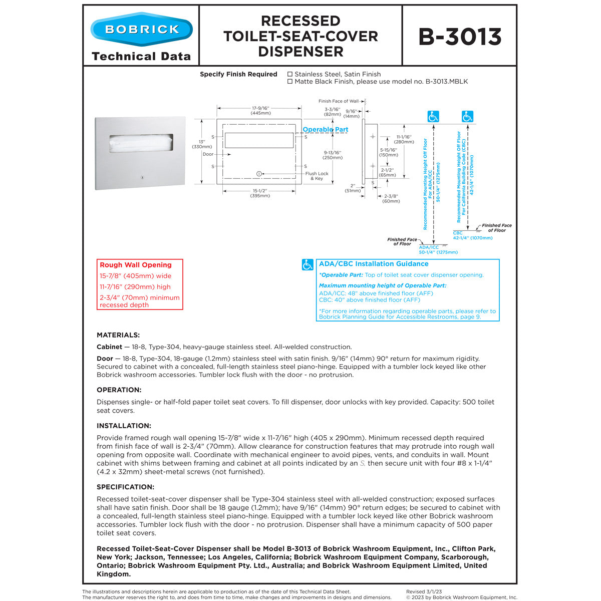 Bobrick 3013.MBLK Matte Black Recessed SeatCover Dispenser