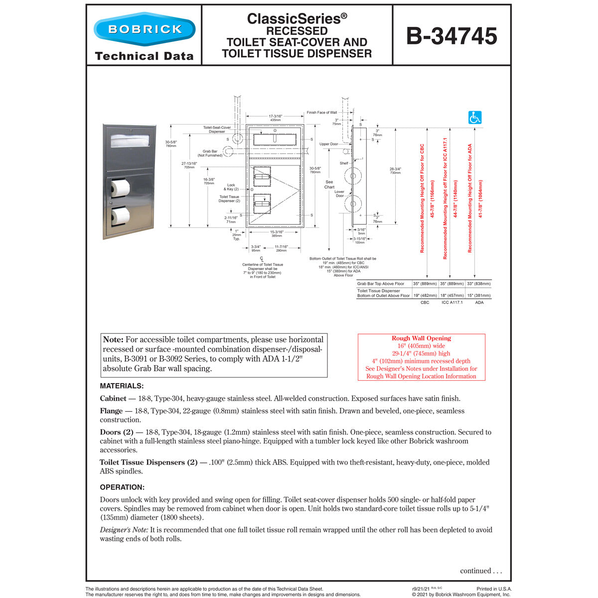 Bobrick B-34745 Combination Commercial Seat-Cover Dispenser and Toilet Paper Dispenser, Recessed-Mounted, Stainless Steel