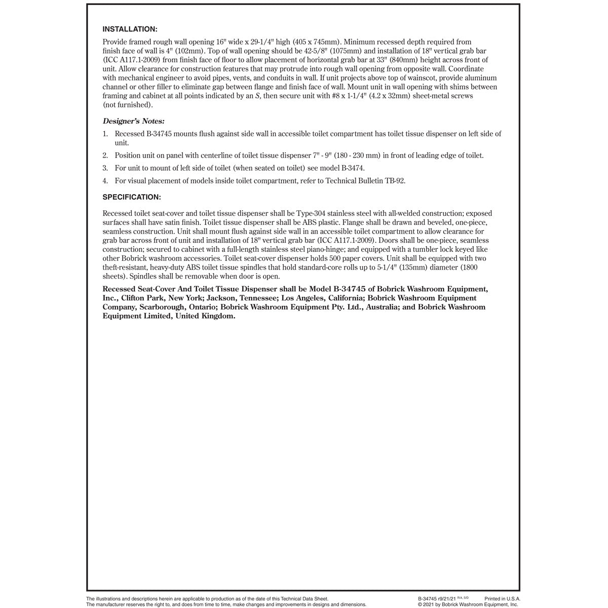 Bobrick B-34745 Combination Commercial Seat-Cover Dispenser and Toilet Paper Dispenser, Recessed-Mounted, Stainless Steel