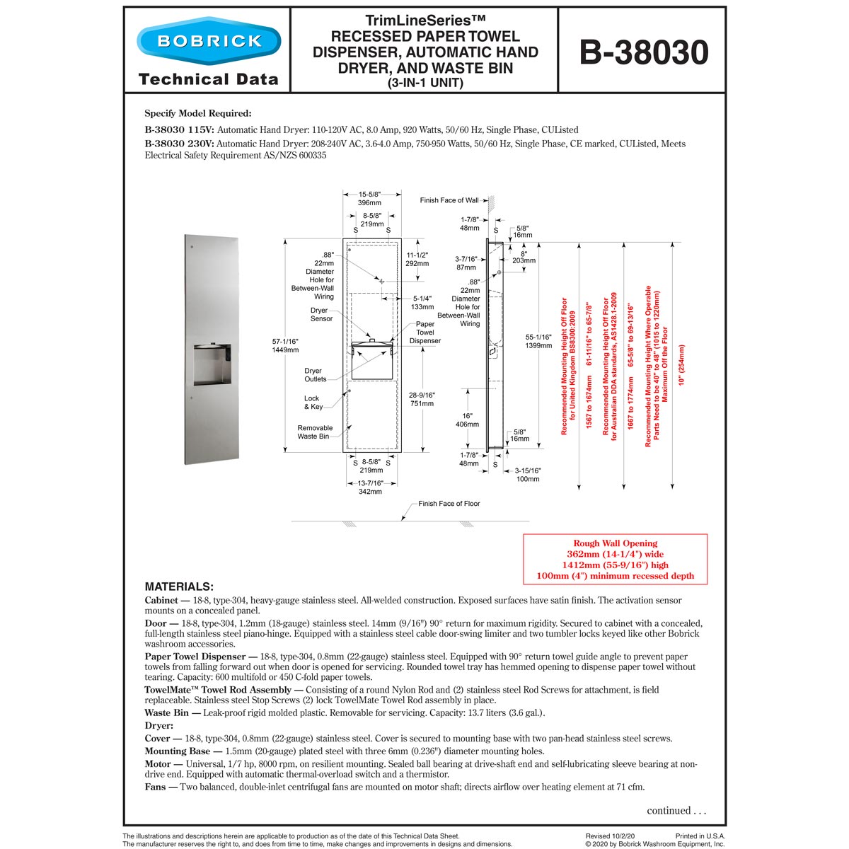 Bobrick B-38030 115V Towel Dispenser, Hand Dryer & Waste, Recessed 4-inch, 115V