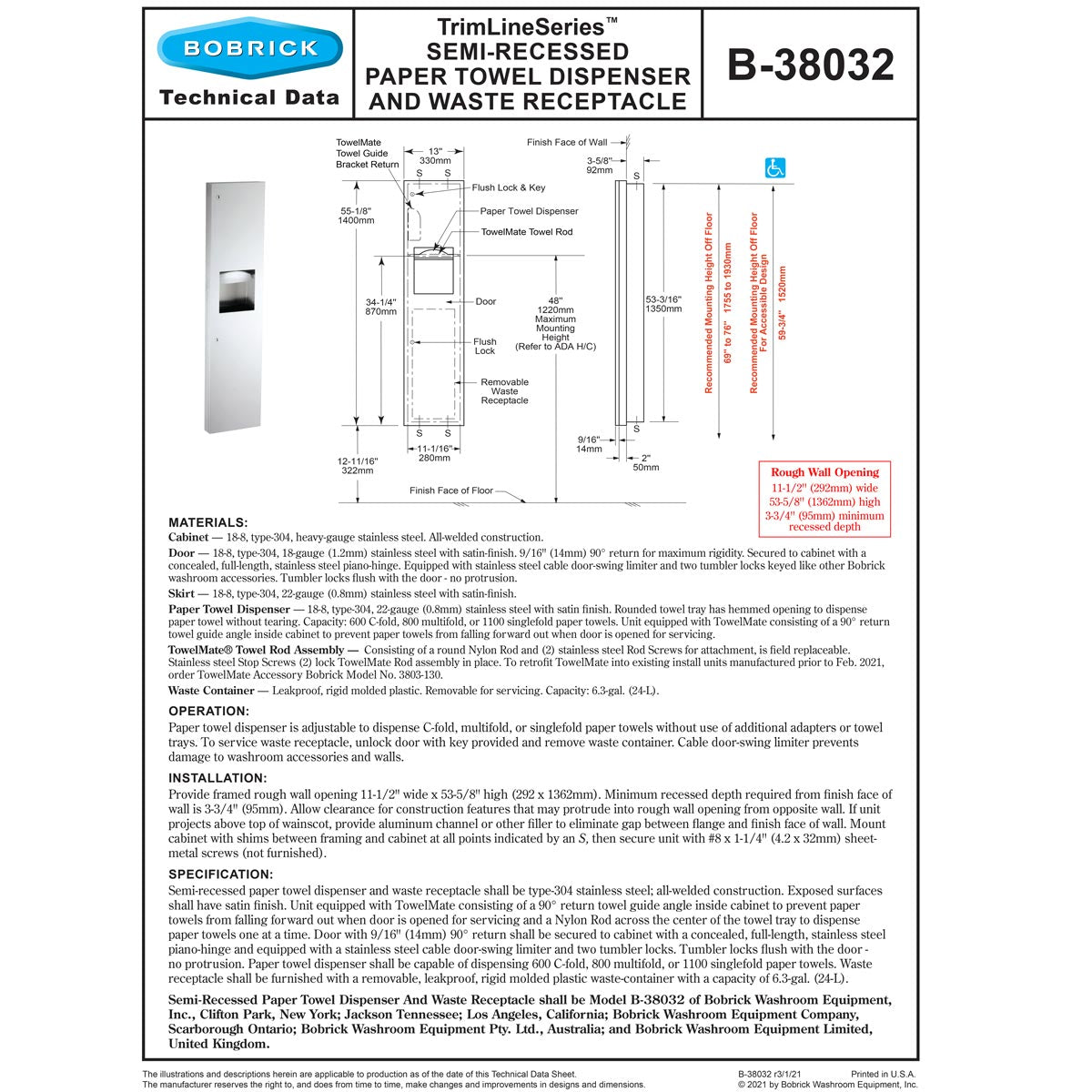 Bobrick B-38032 Combination Commercial Paper Towel Dispenser/Waste Receptacle, Semi-Recessed-Mounted, Stainless Steel