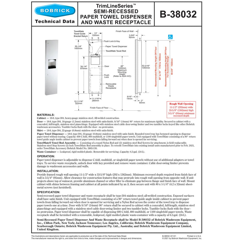 Bobrick B-38032 Combination Commercial Paper Towel Dispenser/Waste Receptacle, Semi-Recessed-Mounted, Stainless Steel