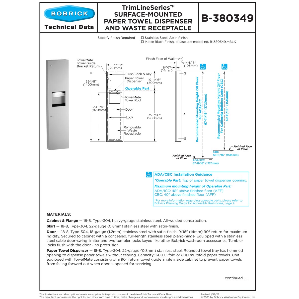 Bobrick B-380349 Combination Commercial Paper Towel Dispenser/Waste Receptacle, Surface-Mounted, Stainless Steel