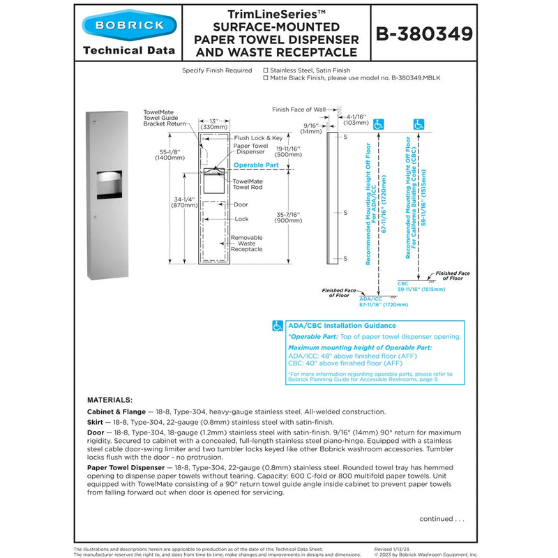 Bobrick B-380349 Combination Commercial Paper Towel Dispenser/Waste Receptacle, Surface-Mounted, Stainless Steel