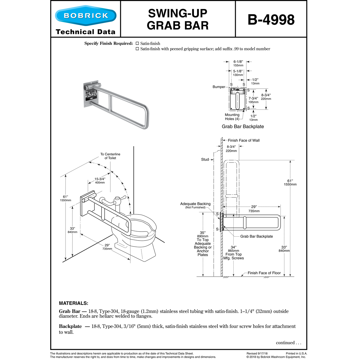 Bobrick B-4998 Commercial Grab Bar, 1-1/4" Diameter x 29" Length, Exposed Mounting, Stainless Steel