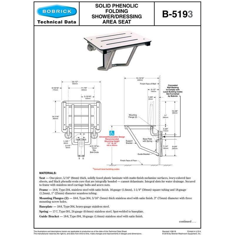 Bobrick B-5193 Commercial Folding Shower Seat, Surface-Mounted, Stainless Steel