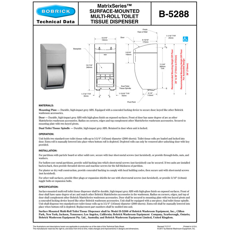 Bobrick B-5288 Commercial Toilet Paper Dispenser, Surface-Mounted, Plastic