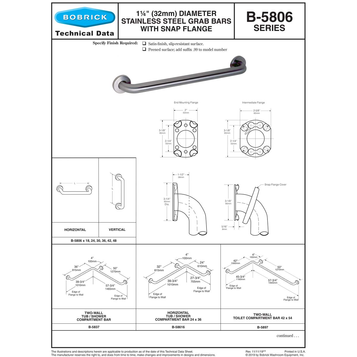 Bobrick B-5806x42 (42 x 1.25) Commercial Grab Bar, 1-1/4" Diameter x 42" Length, Concealed-Mounted, Stainless Steel
