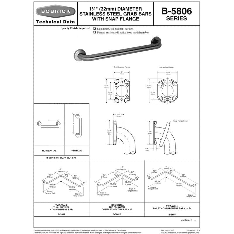 Bobrick B-5806.99x30 (30 x 1.25) Commercial Grab Bar, 1-1/4" Diameter x 30" Length, Concealed-Mounted, Stainless Steel